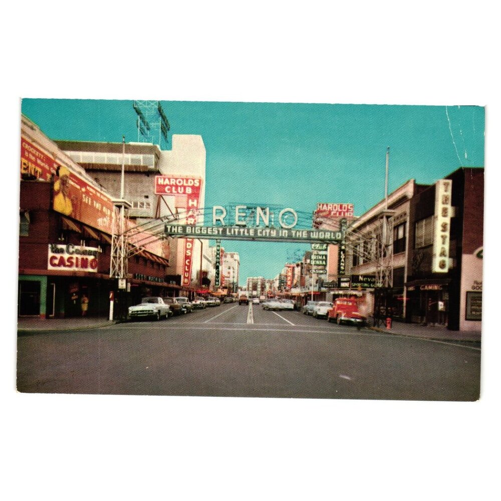 Vintage Reno Arch Postcard Biggest Little City In The World Old Lamp Post Pub